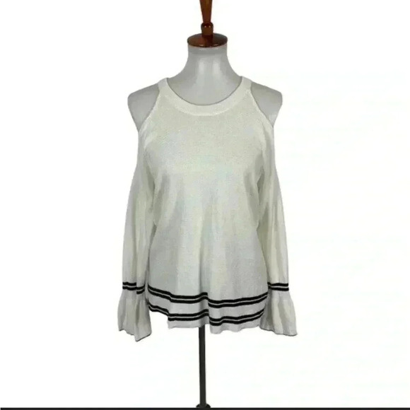 Knitted & knitted cold/off shoulder ruffle sleeve stripe cotton sweater top - Picture 3 of 6